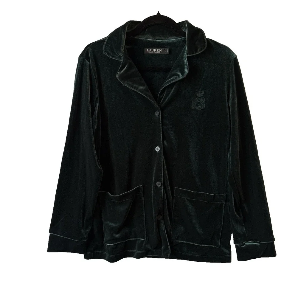 Lauren Ralph Lauren Emerald Green Velvet Button Front Pajama Top Women's S Logo